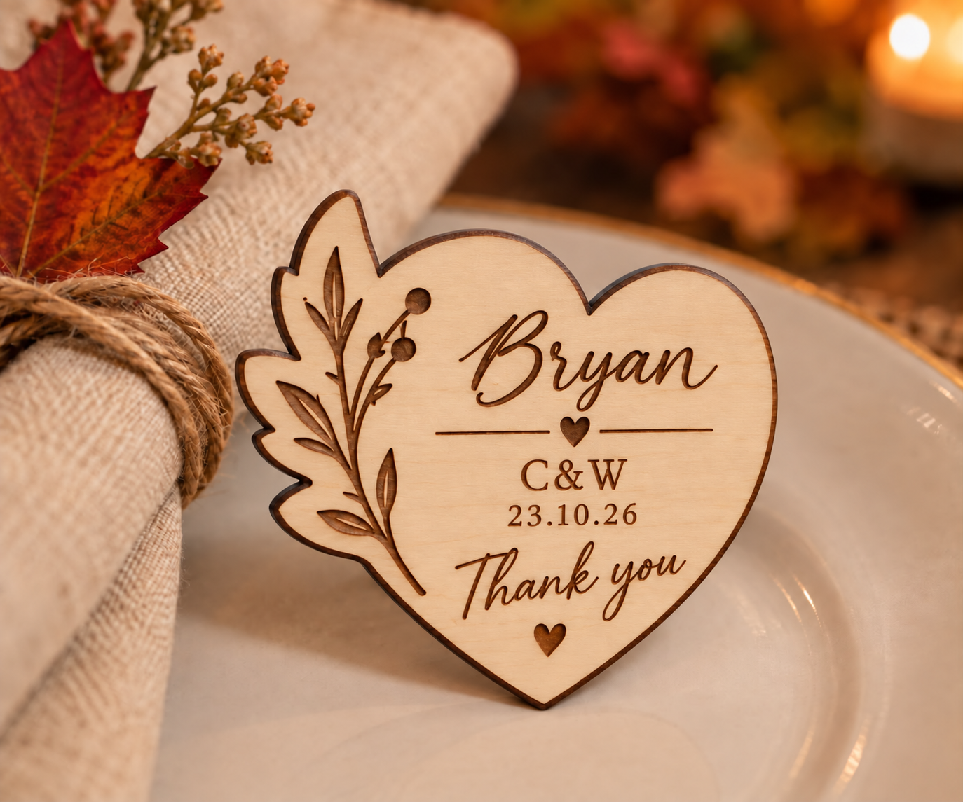 Personalized wooden wedding favor engraved with names, initials and a wedding date